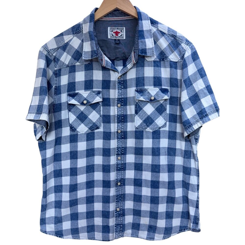 Desert Son Western Shirt Mens XL Blue White Plaid Short Sleeve Snap Button